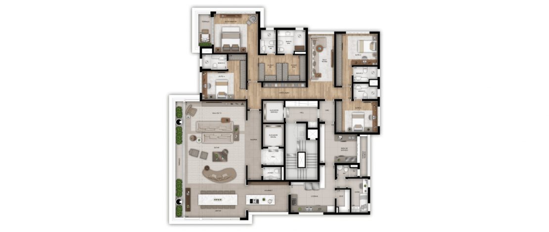 Planta 355m² | Apartamento Tipo 1 | Sala Íntima e Banheiro Sr. e Sra.