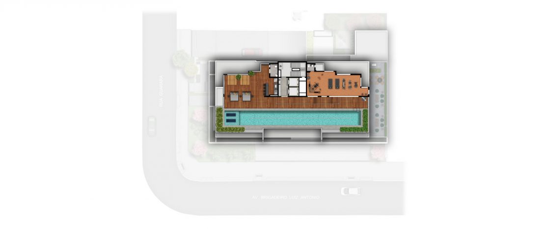 Implantação Rooftop | Espaço Gourmet com Churrasqueira, Deck, Deck Molhado, Piscina com Raia de 25m e Fitness
