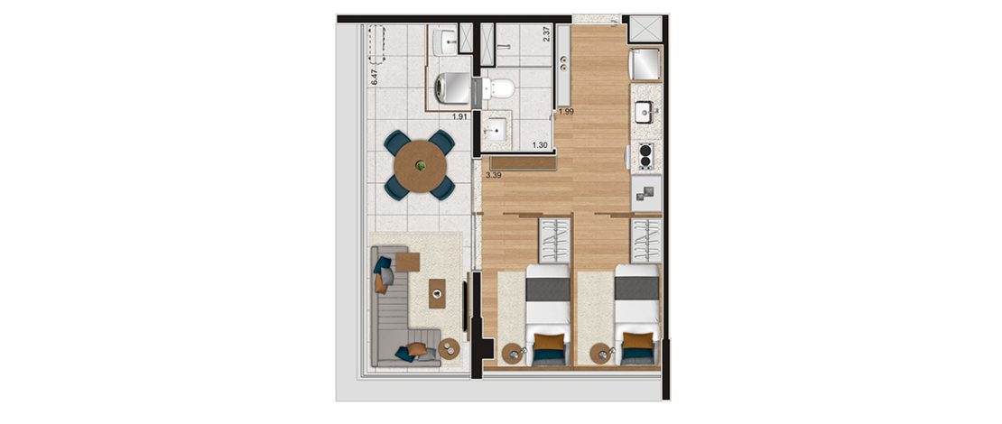 2 dorm 39m² | Planta Sugestão 